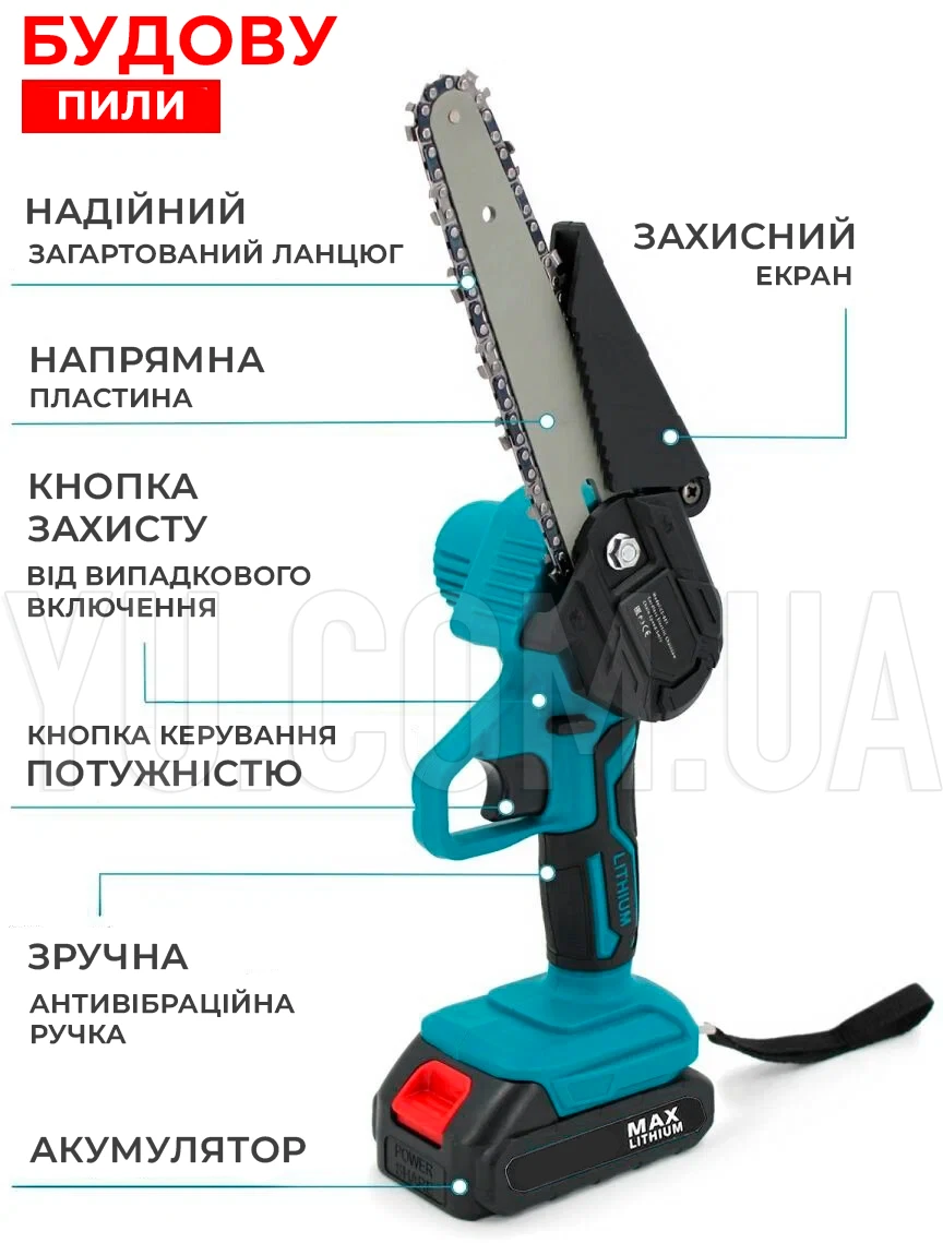 Аккумуляторная цепная мини пила 4 дюйма (10.16см) 24Vf  в кейсе - 2 аккумулятора, очки, инструменты
